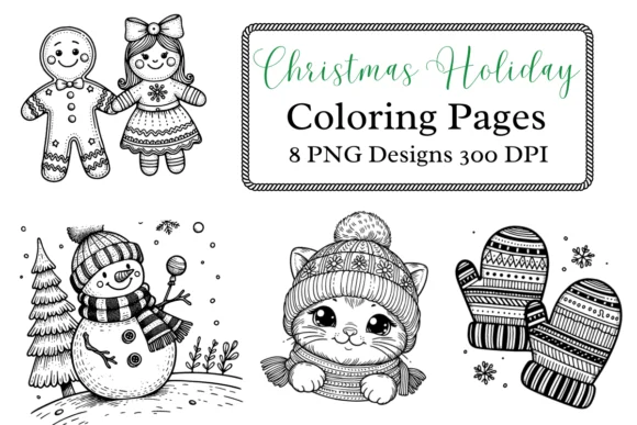 8 PNG Christmas Holiday Coloring Pages