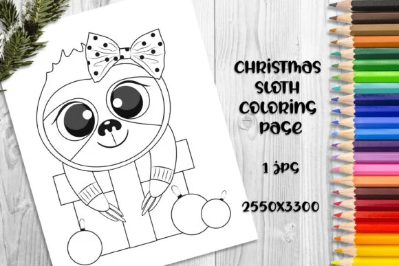 Cute Christmas Sloth Coloring Book Page.