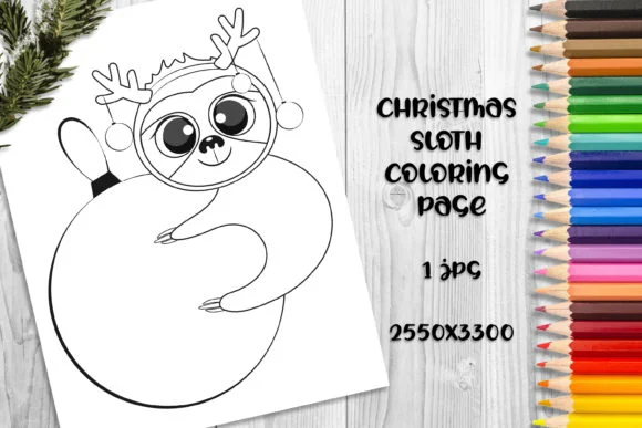 Cute Christmas Sloth Coloring Book Page.