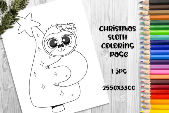 Cute Christmas Sloth Coloring Book Page.