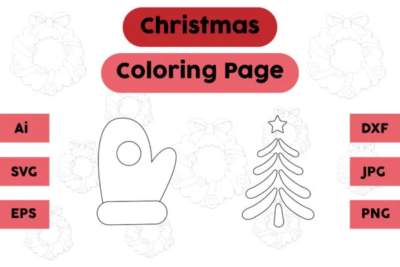 Christmas Coloring Page Glove Tree Set 3