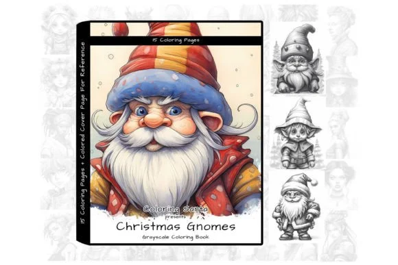 Christmas Gnomes Grayscale Coloring Book