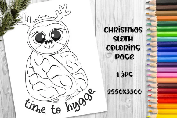 Cute Christmas Sloth Coloring Book Page.